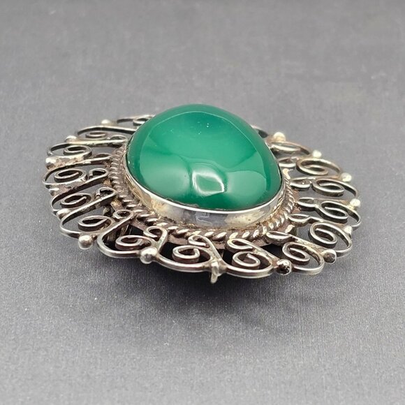 VTG EME 83 Sterling Silver 925 Green Onyx Filigree Brooch Pendant 2" Mexico - Picture 3 of 9